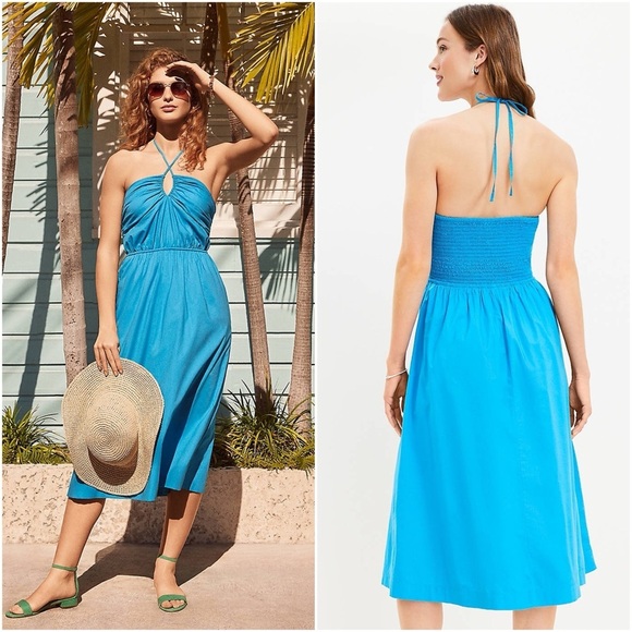 LOFT Keyhole Halter Midi Dress Turquoise NWT Sz 12 Petite - Picture 1 of 8